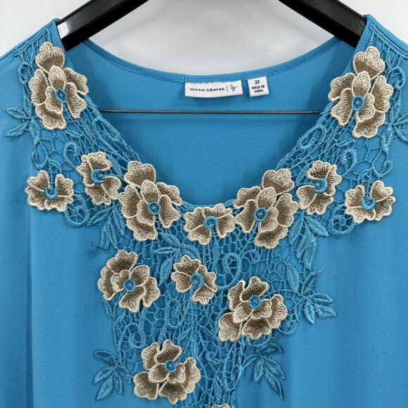 Susan Graver 3X Liquid Knit Top Blue Floral Short Sleeve V-Neck - Picture 4 of 9